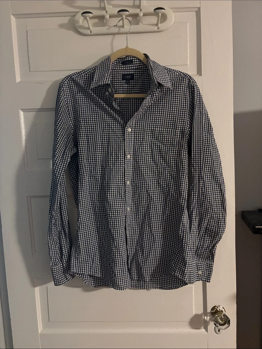 Men's Navy and White Check Button-Down Shirt